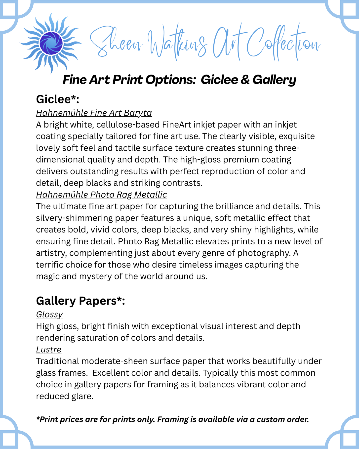Sheen Watkins Art Collection brochure with text on fine art print options.