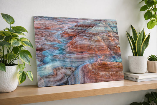 Colorful layered bentonite clay rock formations in a Utah desert landscape fine art print on metal