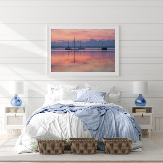 Northport Harbor Blue Hour Sunrise | Pastel Pink & Sailboat Fine Art Print