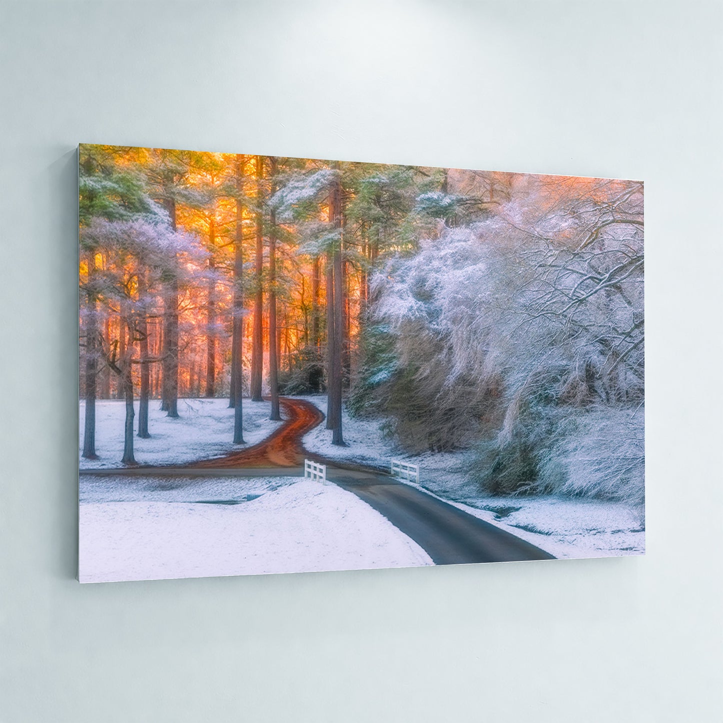 Metal print of a snowy forest scene with a road and trees in El Dorado Arkansas