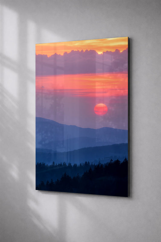 Surreal landscape with a red sun setting over Smoky mountains Kuwohi on a metal print.