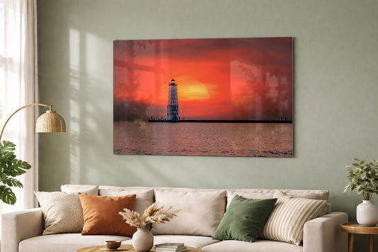 Frankfort Lighthouse & Glowing Sunset Fine Art Print | Dramatic Nautical Wall Art