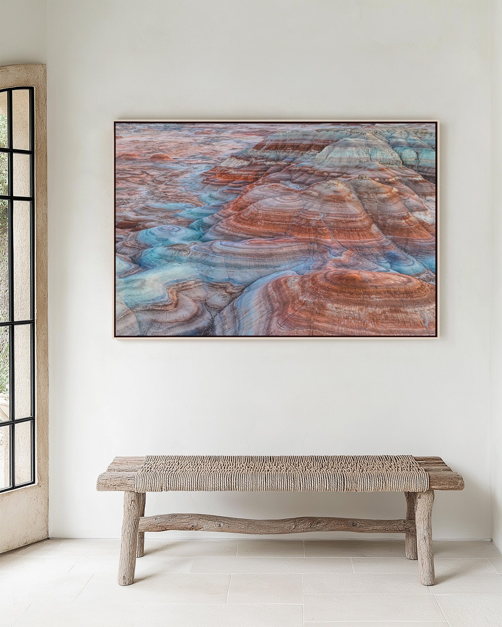 Framed fine art print of colorful layered bentonite clay rock formations in a  Utah desert landscape 