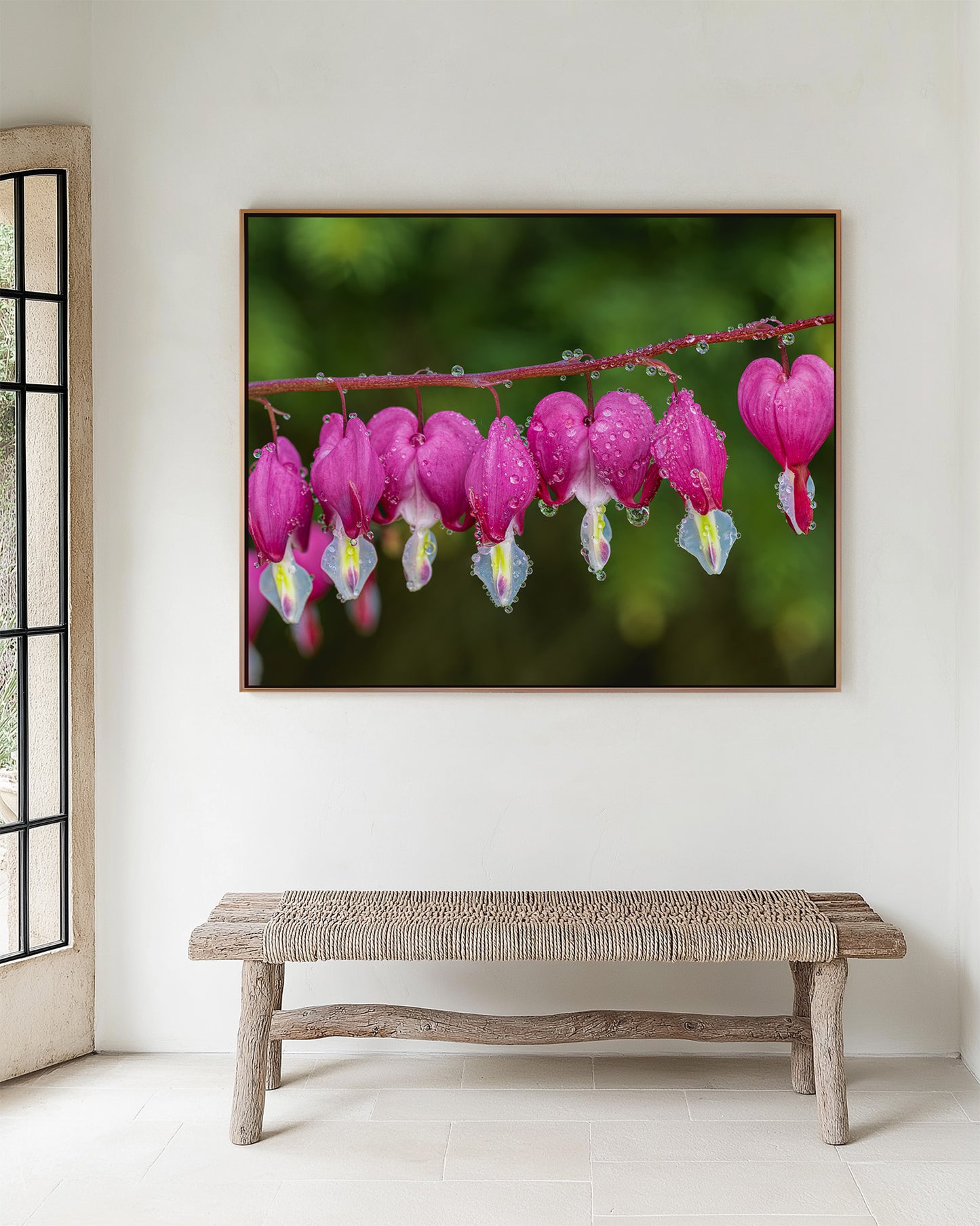 Bleeding Hearts Flower | Pink & Green | Floral Giclée Fine Art Print with Water Droplets, Canvas & Metal