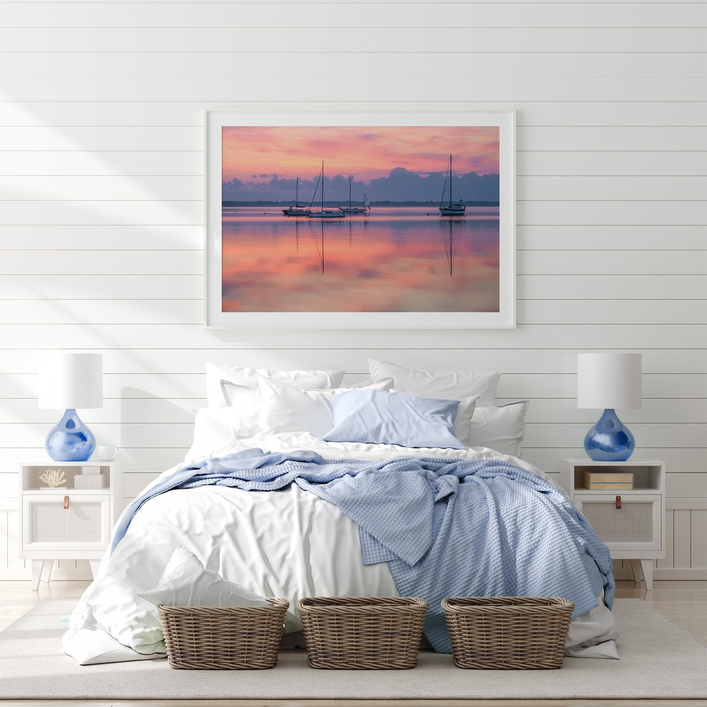Northport Harbor Blue Hour Sunrise | Pastel Pink & Sailboat Fine Art Print