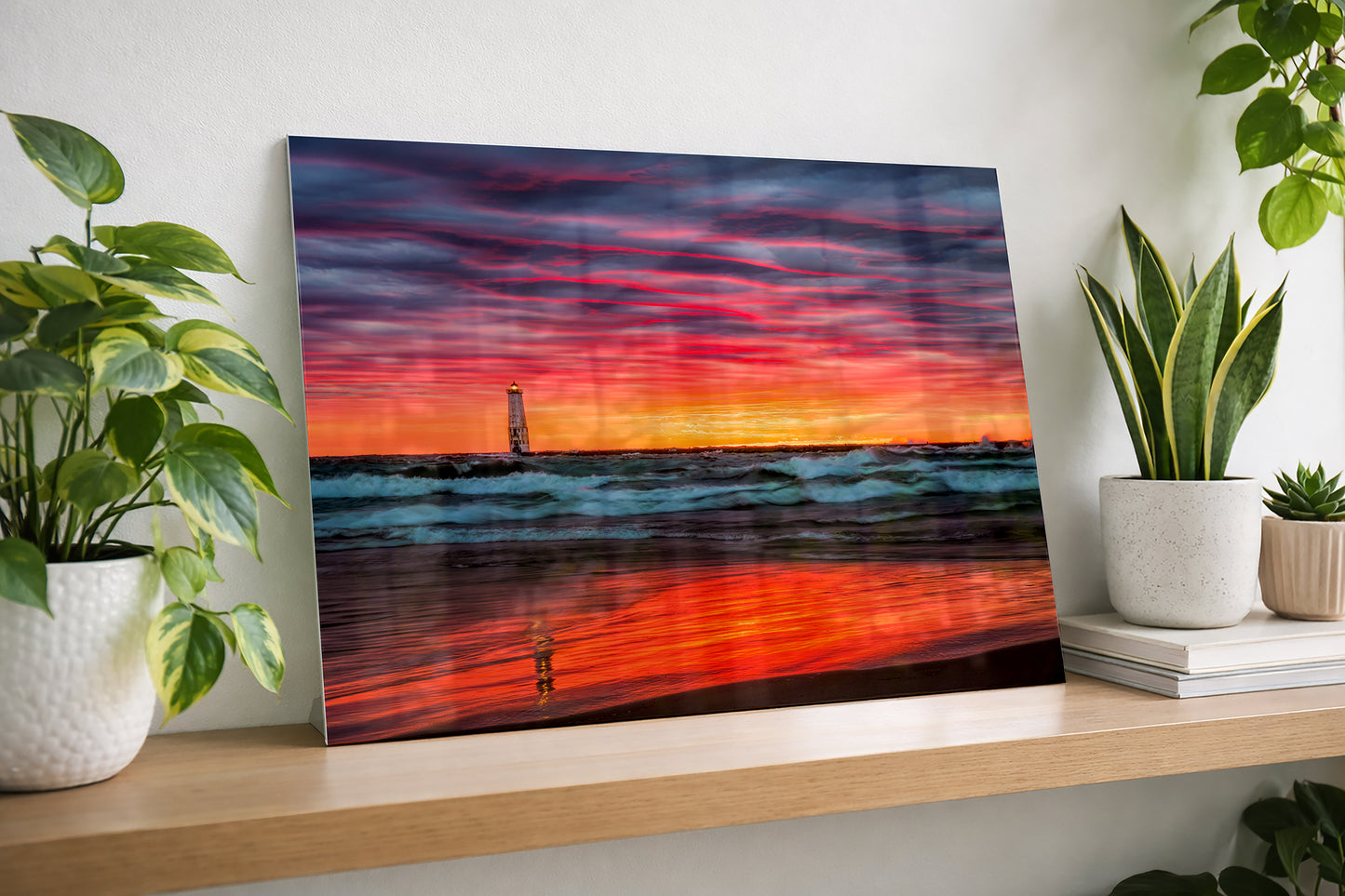Fiery Frankfort Lighthouse Sunset Fine Art Print | Bold & Moody Lake Michigan Wall Art