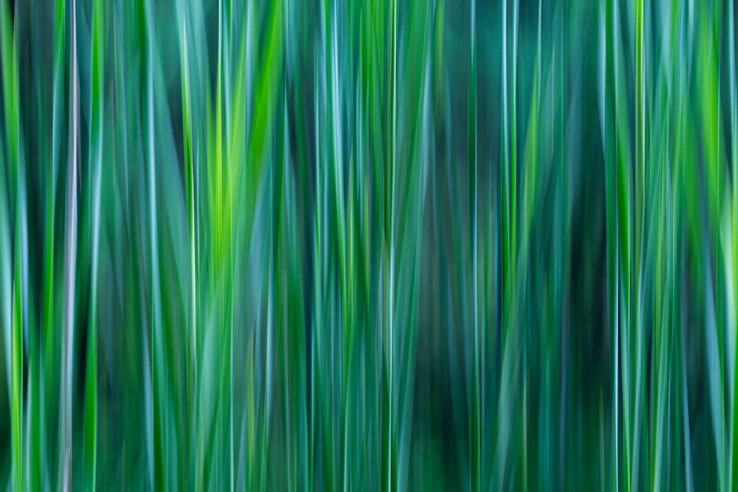 Abstract print with shades of green, jade, teal and gray.  Cattail leaves.