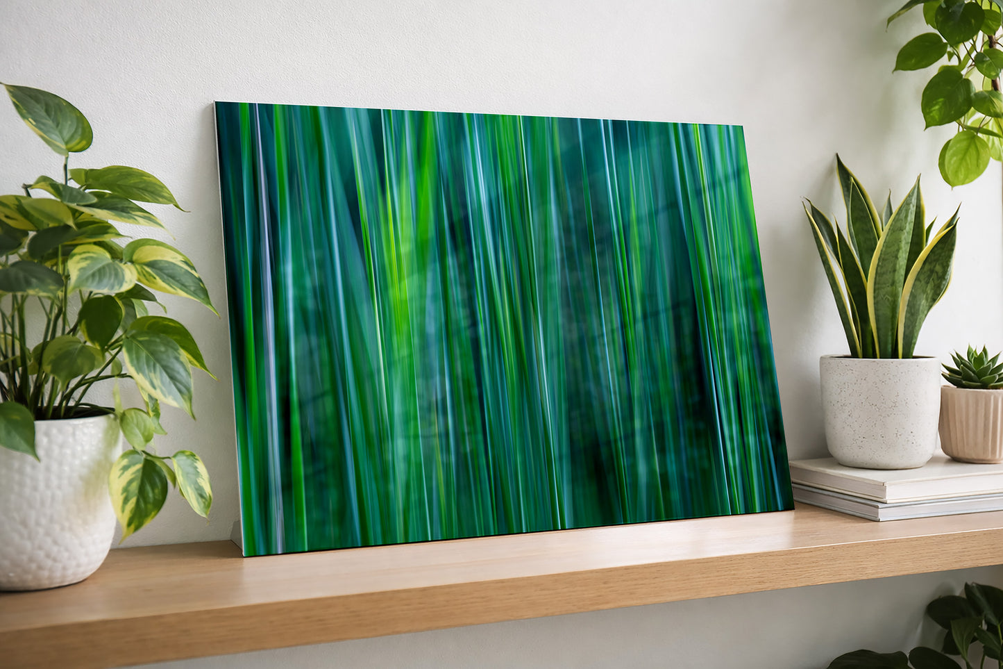Metal wall art of cattail leaves in abstract using shades of green, jade, teal and gray.   Nature abstract art.