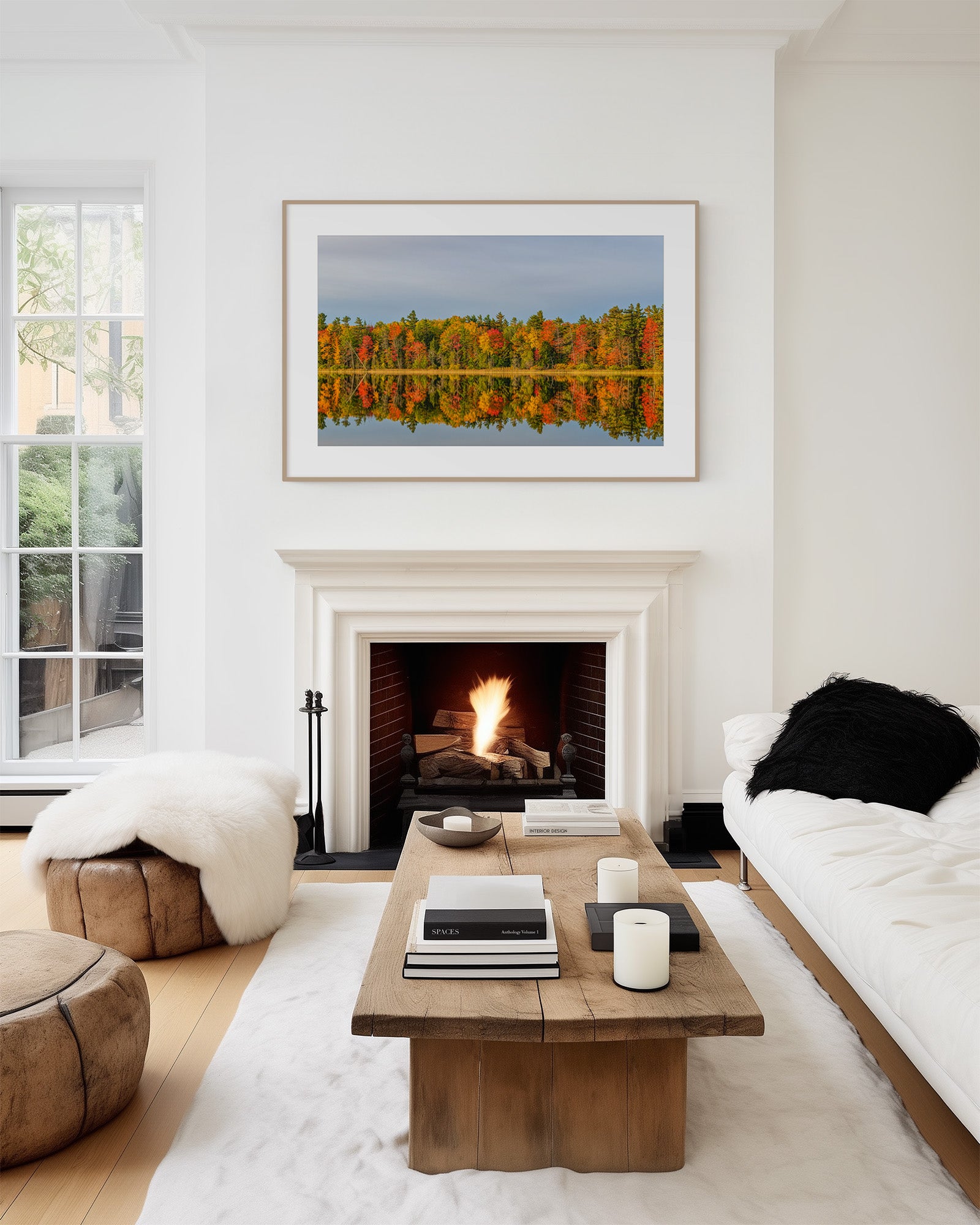 Living room with a fireplace, wooden coffee table, and framed picture of fall  foliage reflections on Kehl Lake.