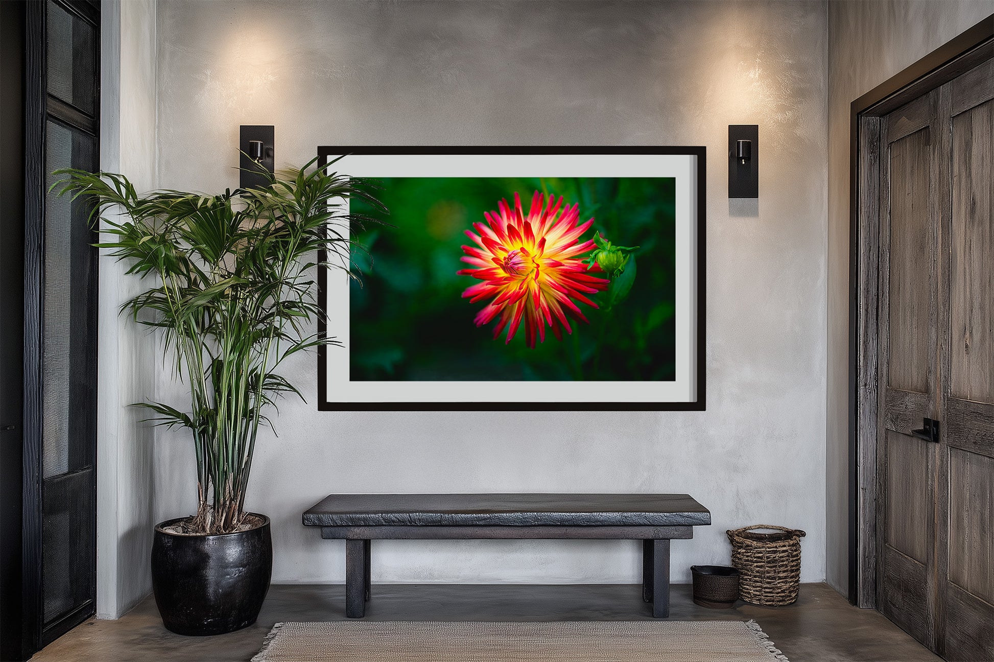 Framed artwork of a vibrant red dahlia laced with gold flower on a wall in a room with a bench and plants.