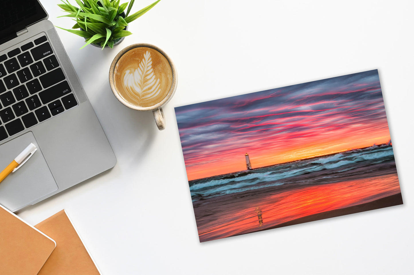 Fiery Frankfort Lighthouse Sunset Fine Art Print | Bold & Moody Lake Michigan Wall Art