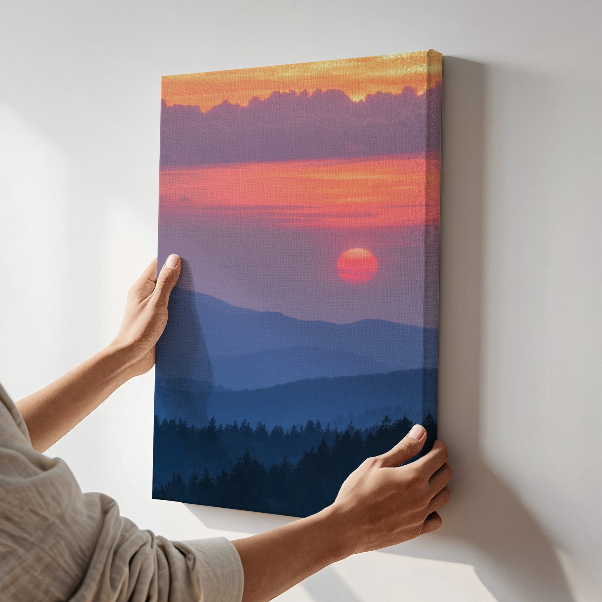 Person holding a canvas print of a Smoky Mountain sunset over Kuwohi - Clingman's Dome.
