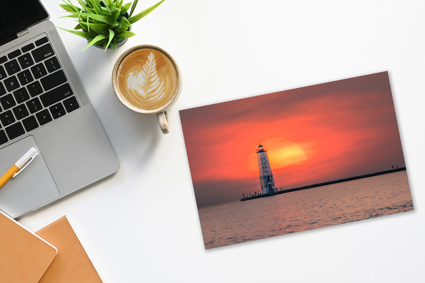 Frankfort Lighthouse & Glowing Sunset Fine Art Print | Dramatic Nautical Wall Art