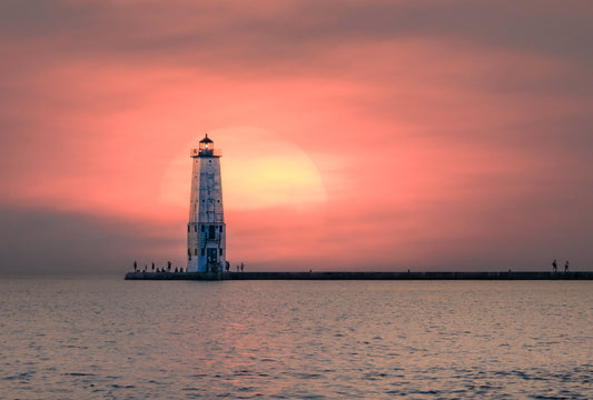  Frankfort Lighthouse fine art print with soft sunset light over Lake Michigan
