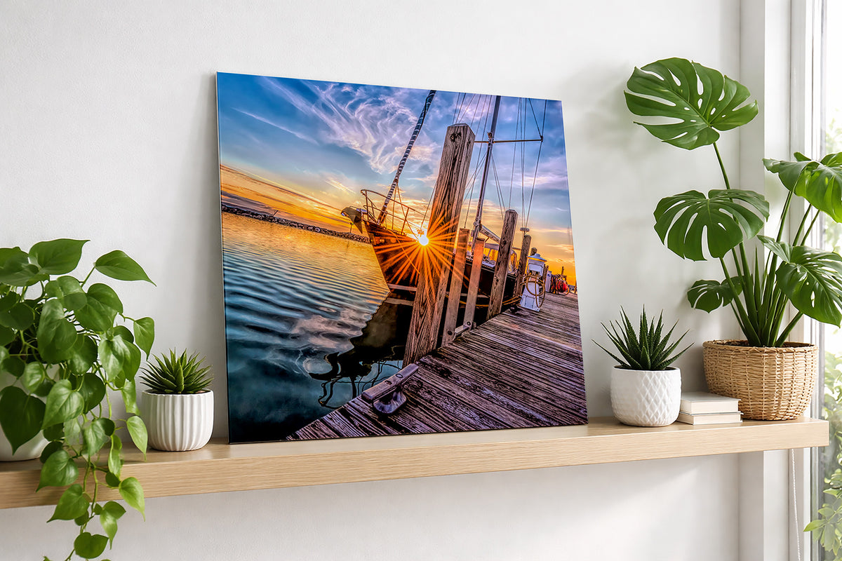 Sailboat at Sunset in Leland's Fishtown Harbor | Square Fine Art Print