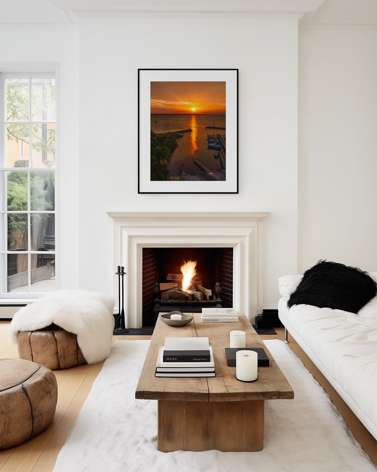 A framed vertical art print of a sunrise over Lake Michigan waters hangs on a white wall above a fireplace in a modern, bright living room with a wooden coffee table, white sofa, and wooden stools.
