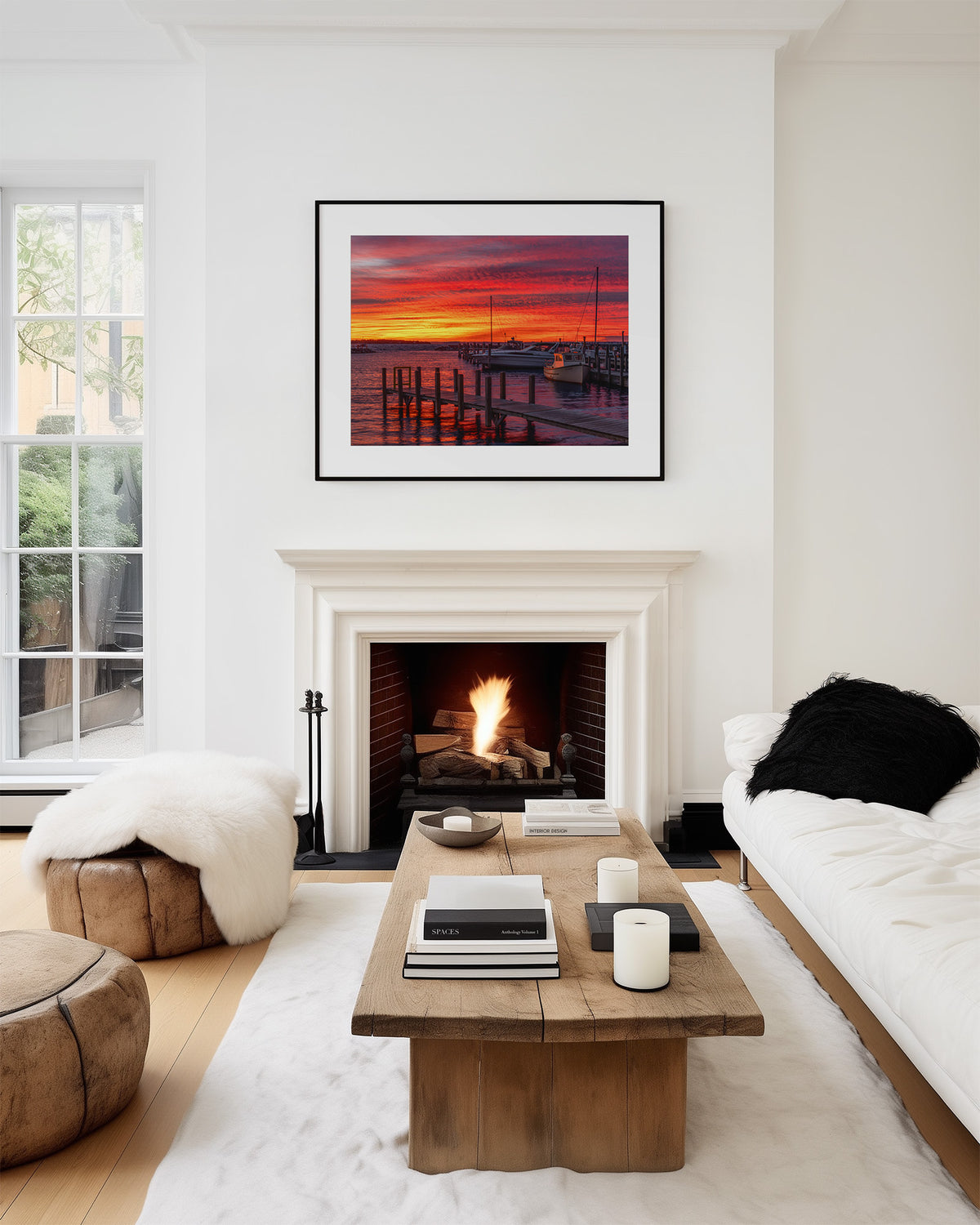 A framed art print of a vibrant sunrise over Northport, Michigan's dock and marina, displayed in a modern living room setting above a white fireplace mantel.