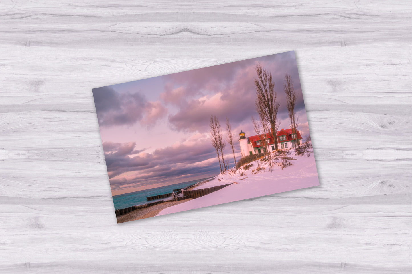 Point Betsie Lighthouse Winter Sunset | Snow-Covered Michigan Coastal Art