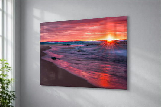 Vivid Lake Michigan Sunset | Fiery Red Sky  and Deep Blue Waves Fine Art Print