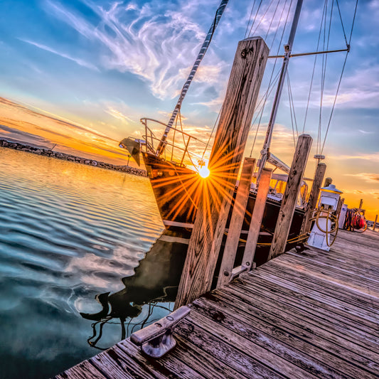 Sailboat at Sunset in Leland's Fishtown Harbor | Square Fine Art Print