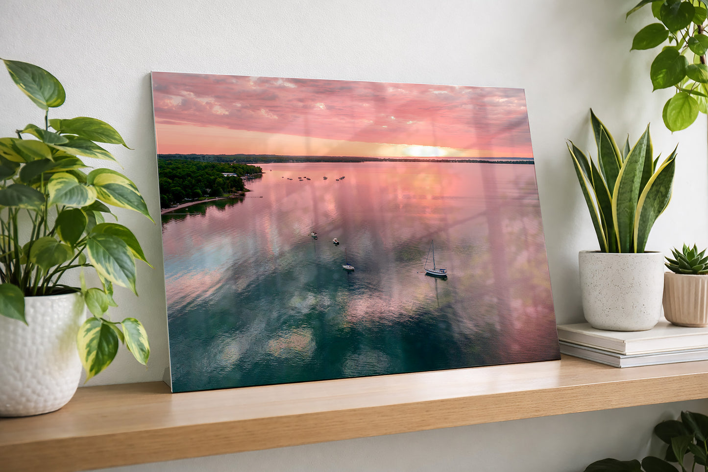 Metal print aerial view of Grand Traverse Bay at sunrise r on a wooden shelf with plants