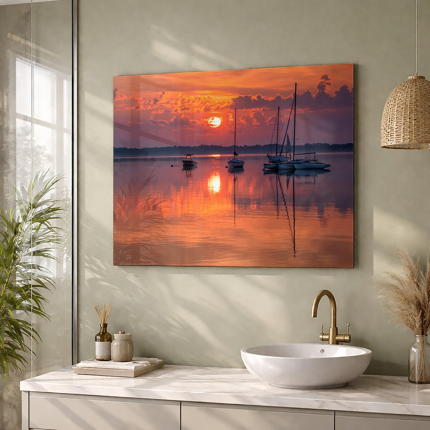 Sunrise Sailboats Reflection Wall Art | Nautical Giclée Fine Art Print