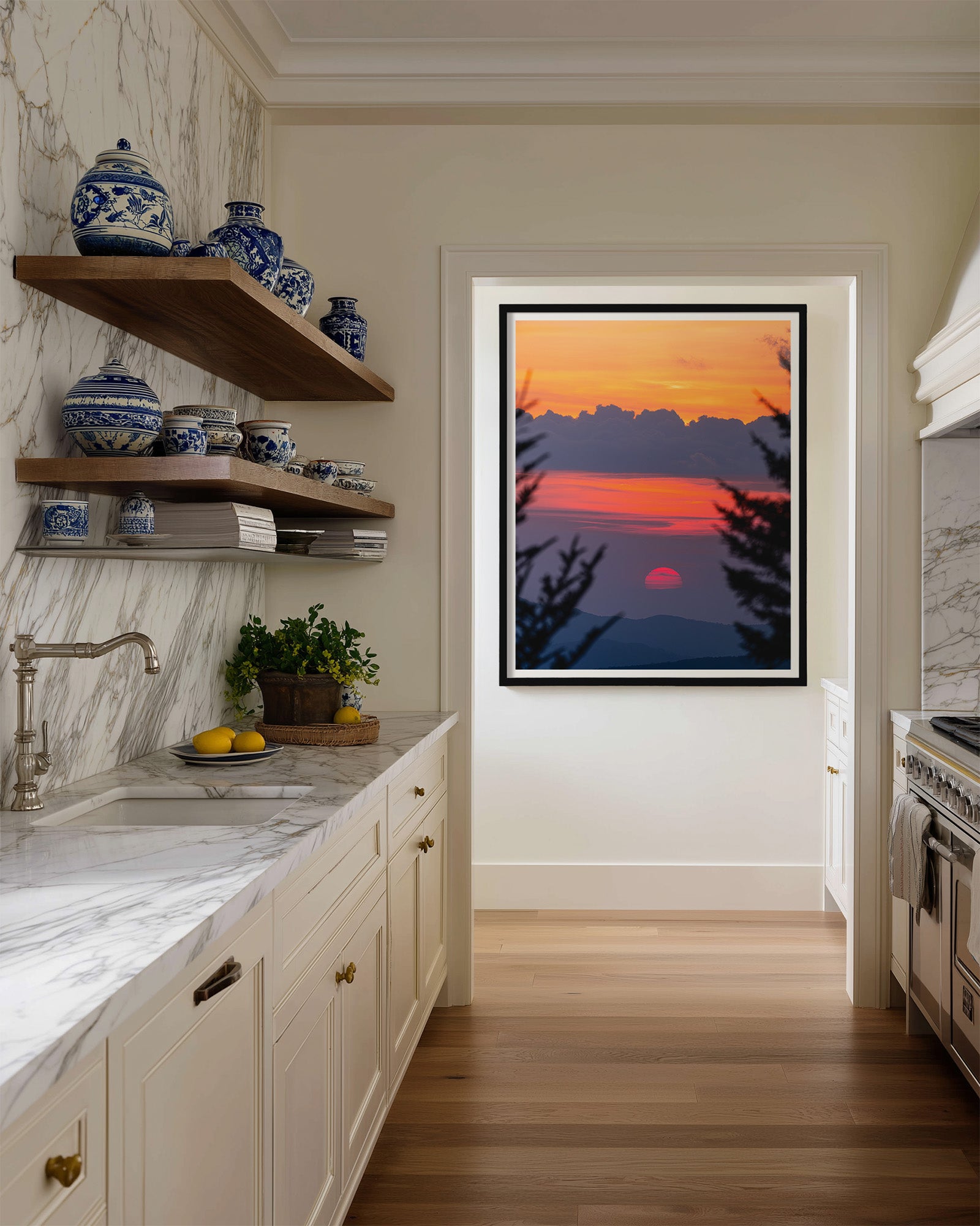 Vibrant red sunset over the Great Smoky Mountains National Park fine art photography print in modern kitchen
