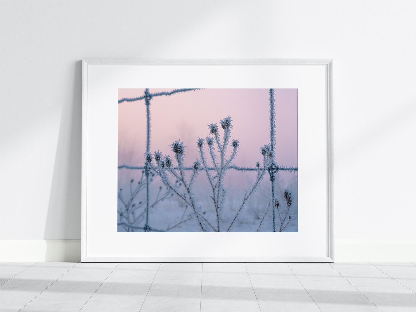 Framed artwork of hoar frost covered branches through a barbed wire fence with a pastel sunrise sky.