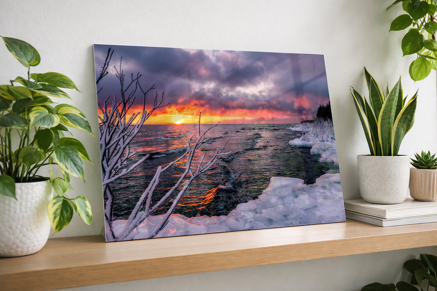Leelanau Winter Sunrise | Fiery Orange & Icy White Lake Michigan Fine Art Print