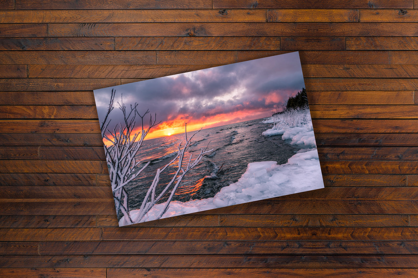 Leelanau Winter Sunrise | Fiery Orange & Icy White Lake Michigan Fine Art Print