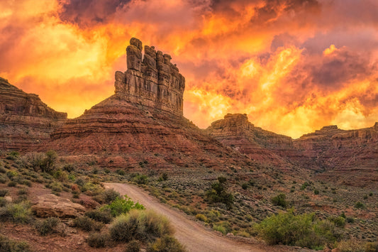 Valley of the Gods iconic formations with an intense sunset