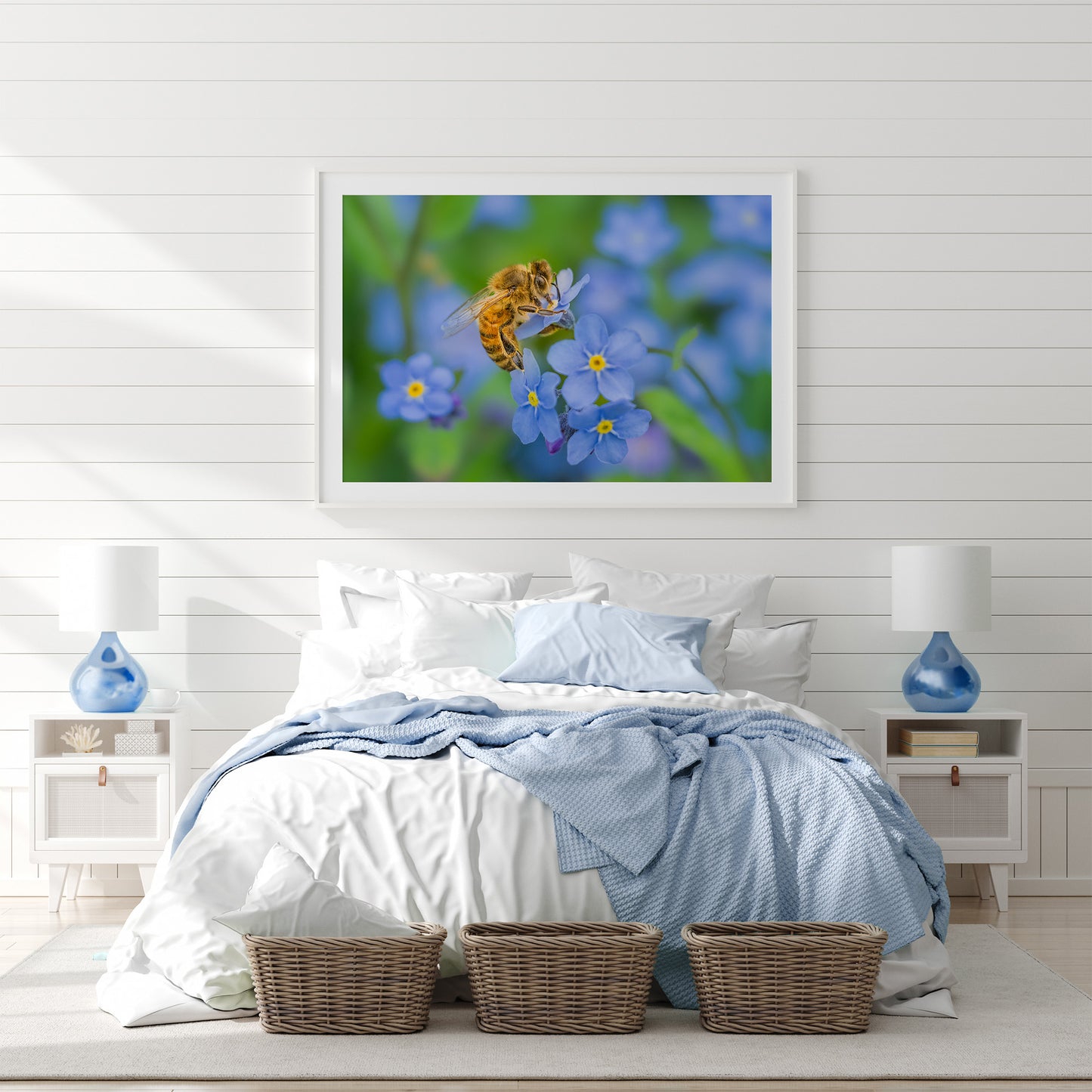Honeybee on Forget-Me-Not Flowers Fine Art Print | Spring Garden Photography
