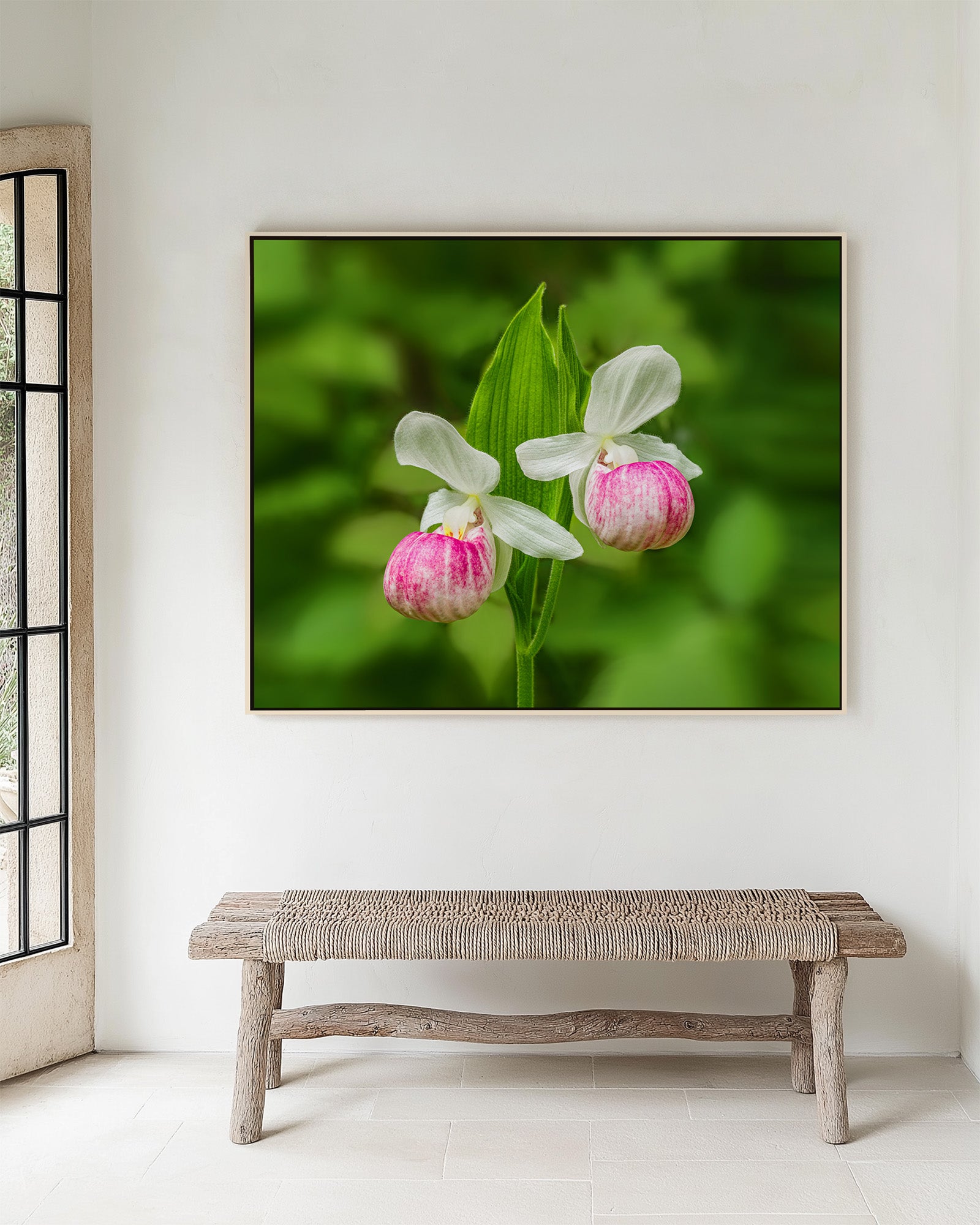 Framed photograph of michigan native lady slipper orchids on a wall above a wooden bench.